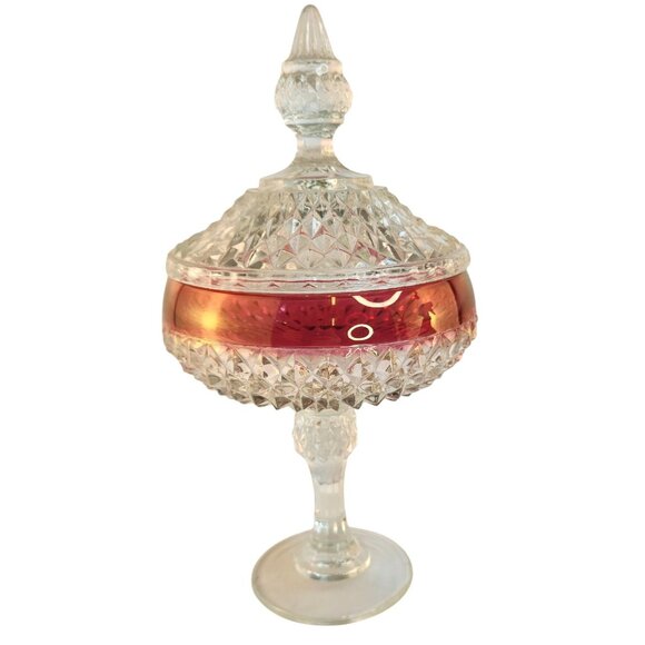 Vintage, Red Ruby Flash, Indiana Glass, Diamond Point, Compote with Lid, - Picture 2 of 12